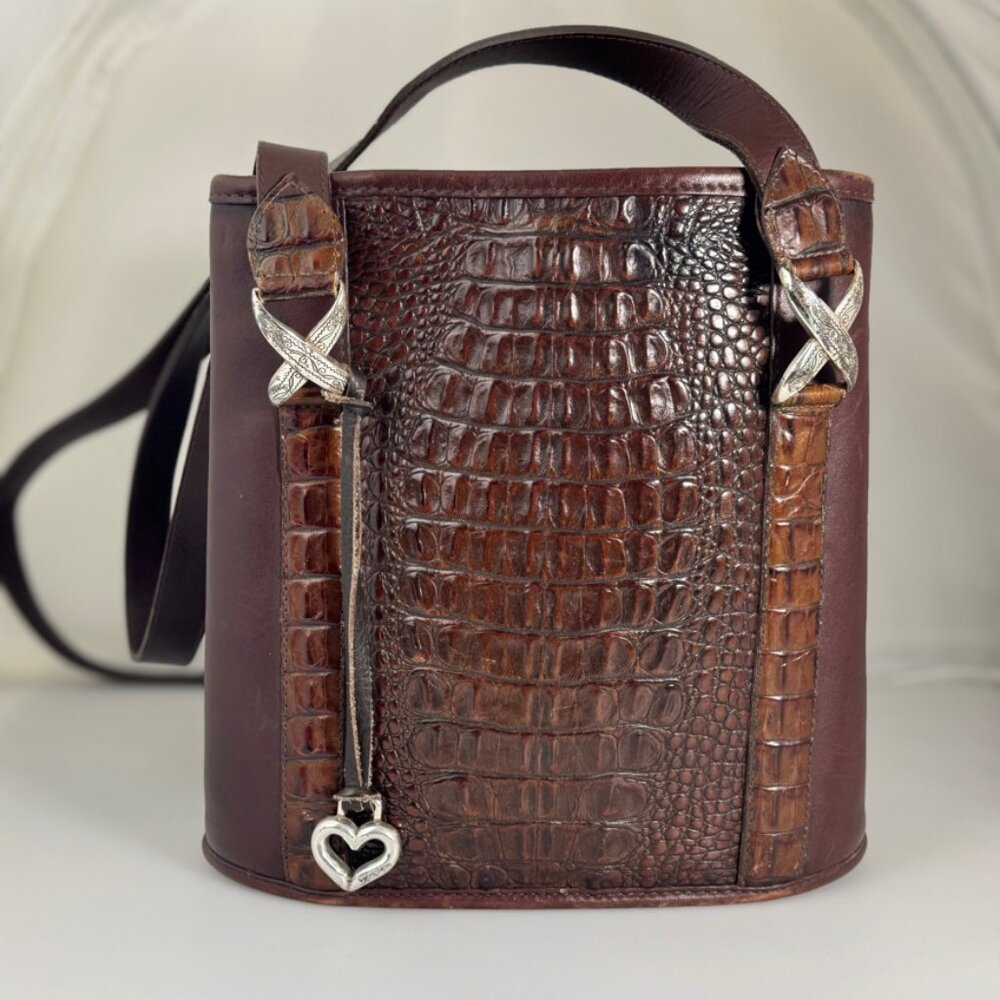 Vintage Brighton Womens Shoulder Bag Purse Double Handle Brown Crocodile Leather